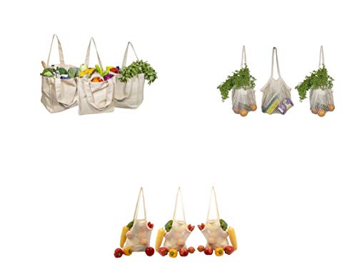 Organic Cotton Reusable Tote Bag Set - Versatile, Biodegradable, Machine Washable - 9 Bags Total