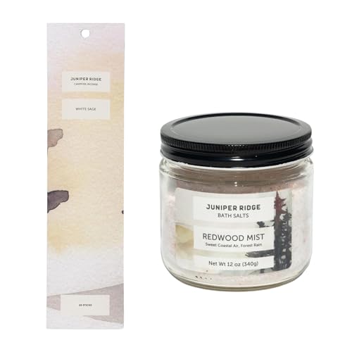 Juniper Ridge Aromatherapy Set - White Sage Incense & Redwood Mist Bath Salts - 20 Sticks & 12oz