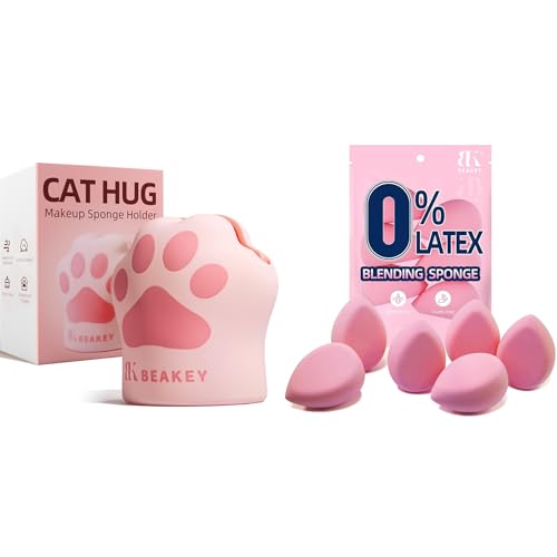 BEAKEY Makeup Sponge Set - Soft, Latex-Free for Flawless Application, Includes Cat Holder - 6 pcs