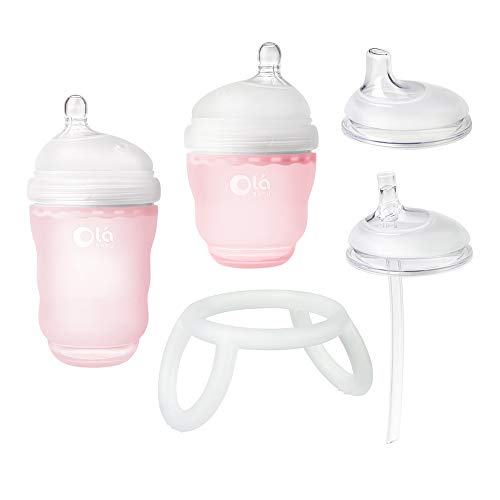 Olababy Transitional Baby Bottle Set - Natural Latch, Soft Teether Handle, BPA-Free - Rose