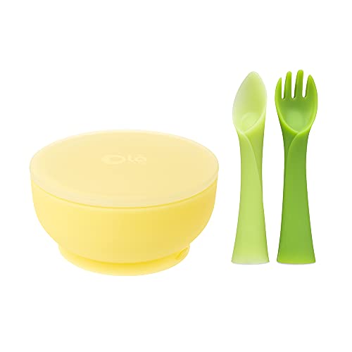 Olababy Training Fork & Spoon Set with Suction Bowl - Safe Self-Feeding, BPA-Free - Lemon