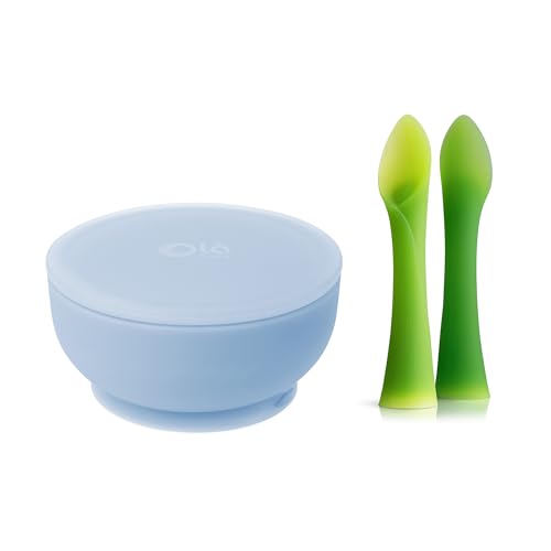 Olababy Silicone Training Spoon & Suction Bowl - Toxin-Free, Spill-Proof, Blueberry Set