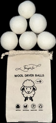 Wool Dryer Balls Set of 6 - Naturally Softens Laundry, Reduces Drying Time, Includes Bag