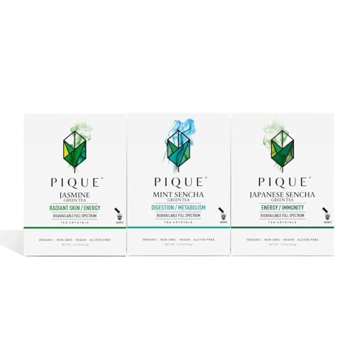 Pique Tea Organic Green Tea Crystals Sampler - Immune Support, Gut Health, Vegan - 42 Sticks