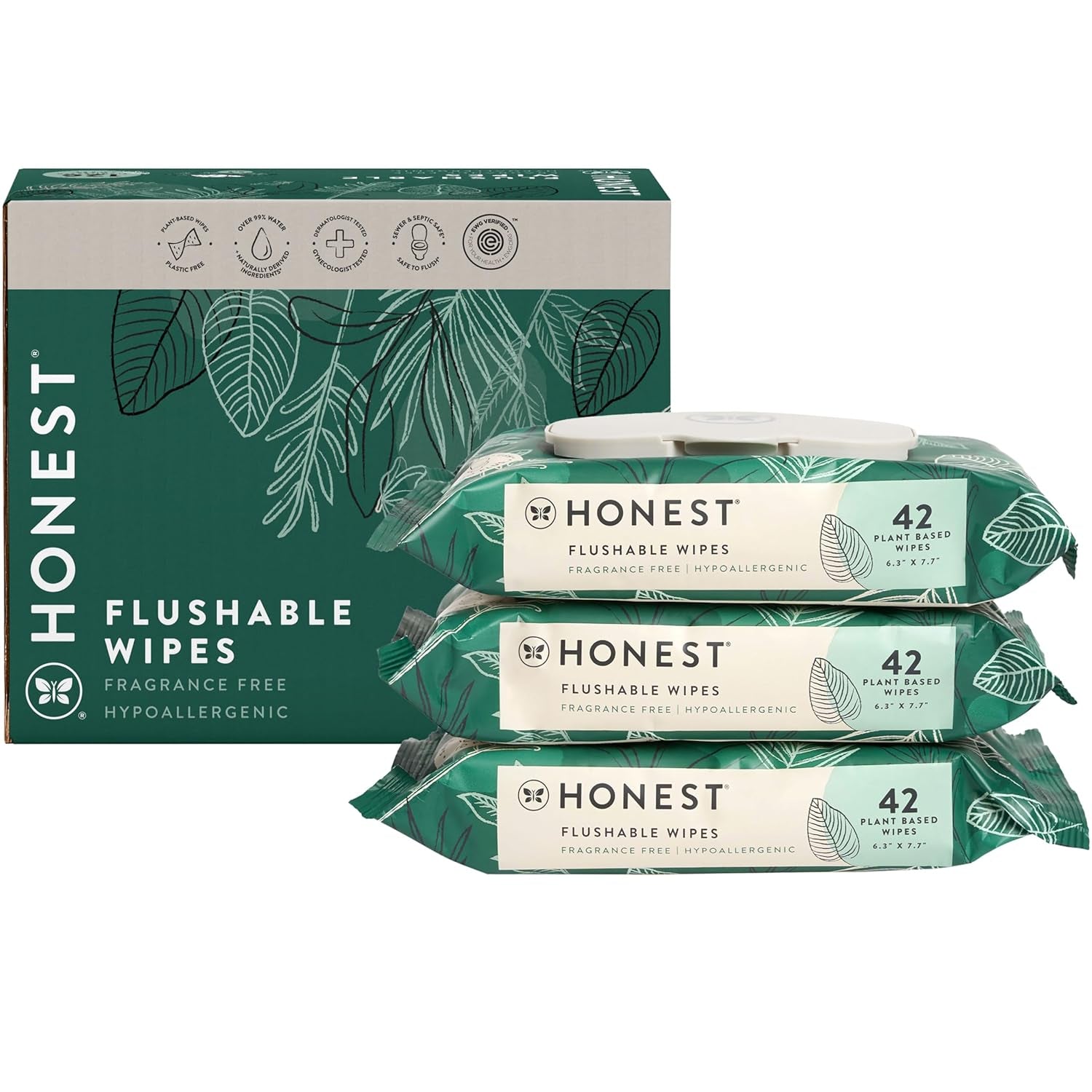 Plant-Based Flushable Wipes | 99% Water, Hypoallergenic, EWG Verified, Safe to Flush | Fragrance Free, 126 Count