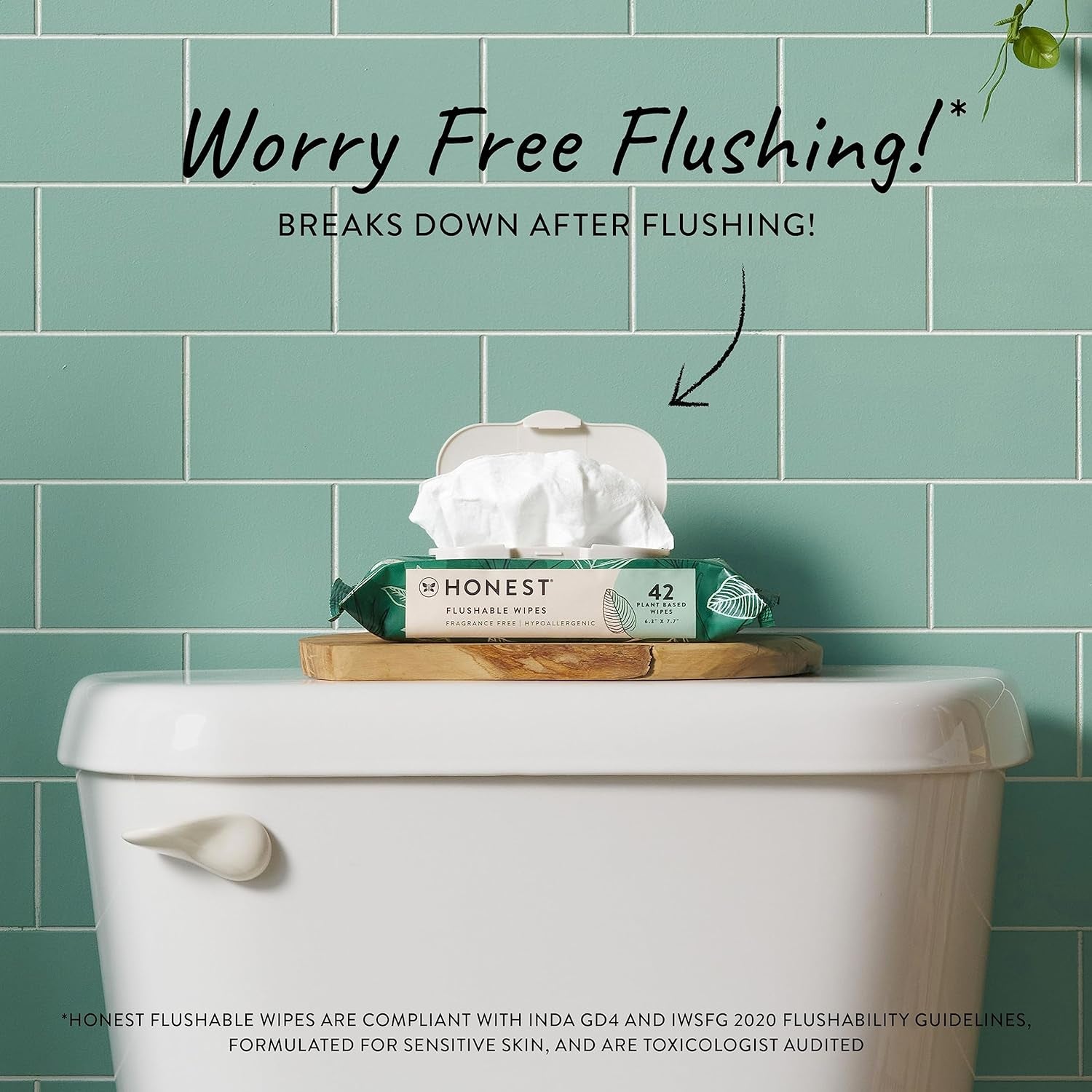 Plant-Based Flushable Wipes | 99% Water, Hypoallergenic, EWG Verified, Safe to Flush | Fragrance Free, 42 Count