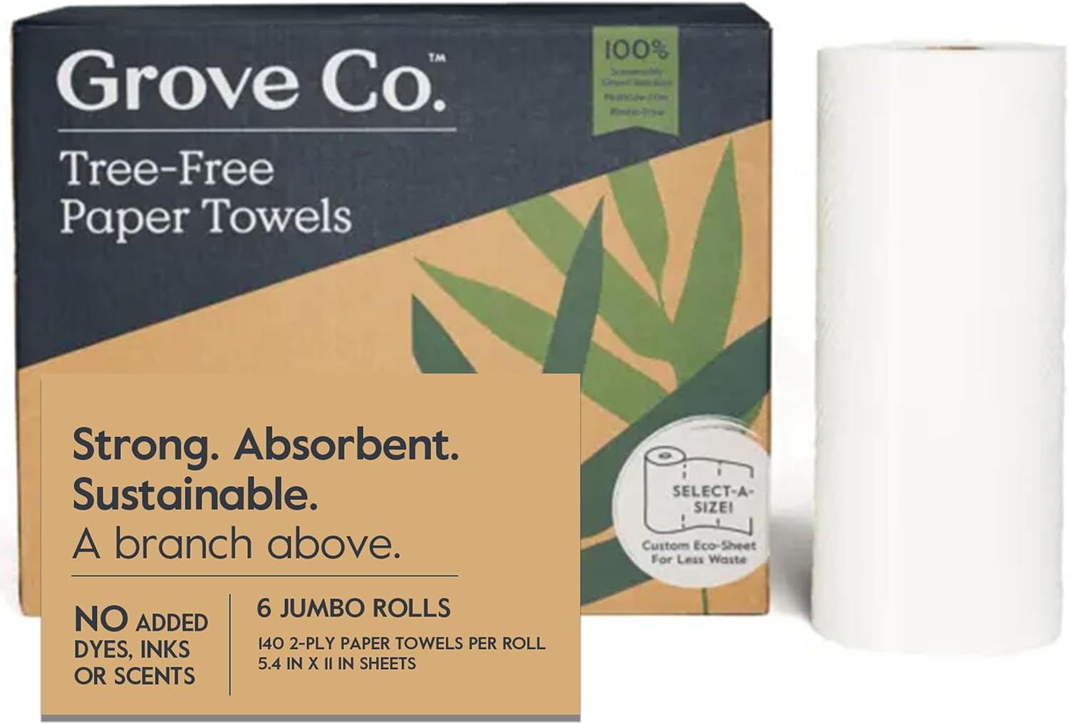 Bamboo Paper Towels, Tree Free & Sustainable Kitchen Paper Towels, Strong & Absorbent with Custom Select Sheets for Less Waste, Zero Plastic Waste. 140 X 2-Ply Sheets per Roll, 6 Pack Rolls