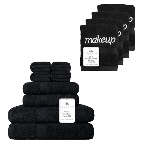 Luxury Cotton Towel Set - Ultra Absorbent, Quick Dry, Chemical-Free - Pack of 12, Black