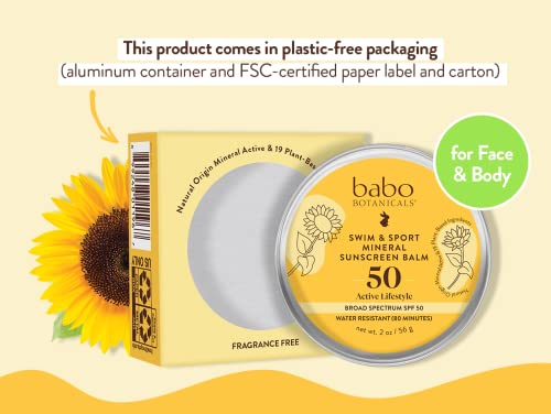 Babo Botanicals Mineral Sunscreen Balm SPF50 - Hydrating, EWG Verified, Water Resistant - 3oz