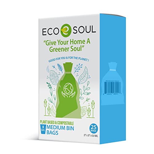 ECO SOUL Compostable Trash Bags - Heavy Duty, Leak-Resistant, Unscented - 8 Gallon, Set of 25