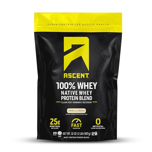 Ascent 100% Whey Protein Powder - Post Workout Recovery, 25g Protein, Vanilla Bean - 2 lb