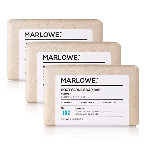 MARLOWE. No. 102 Body Scrub Soap - Exfoliating, Natural Ingredients, Woodsy Scent - 7oz (3 Bars)