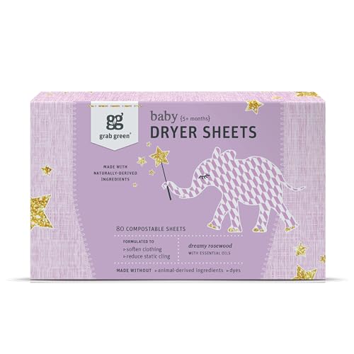 Grab Green Fabric Softener Dryer Sheets - Softens Clothes, Reduces Static, Compostable - 80 Sheets