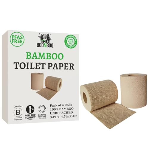 BOONBOO Bamboo Toilet Paper - 3-Ply, PFAS-Free, Hypoallergenic, 4 Rolls of 180 Sheets