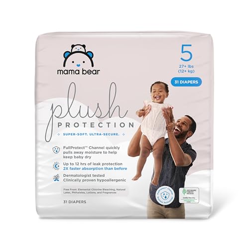 Mama Bear Plush Protection Diapers - Hypoallergenic, Leak-Proof, 12-Hour Dryness - Size 5, 31 Count