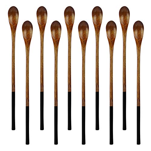 AOOSY Wooden Long Tea Spoons - Natural Beech Wood, Safe for Non-Stick Surfaces - 10 Pack, 9.13"