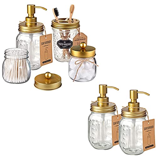 Gold Mason Jar Bathroom Accessories Set - Rustic Decor, 6-Piece with Soap Dispenser & Holders