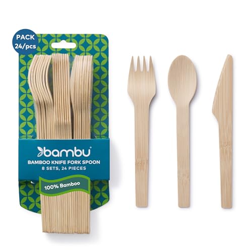 Bambu Disposable Utensils Set - 100% Natural Bamboo, Biodegradable & Compostable - Pack of 24