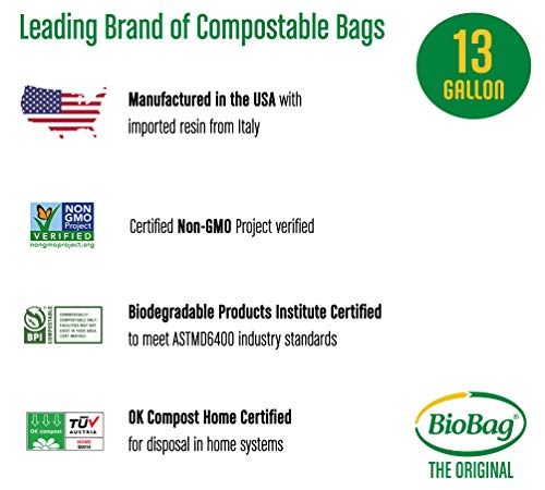 BioBag USA Compostable Kitchen Trash Bags - 100% Certified, 144 Count, 13 Gallon Size