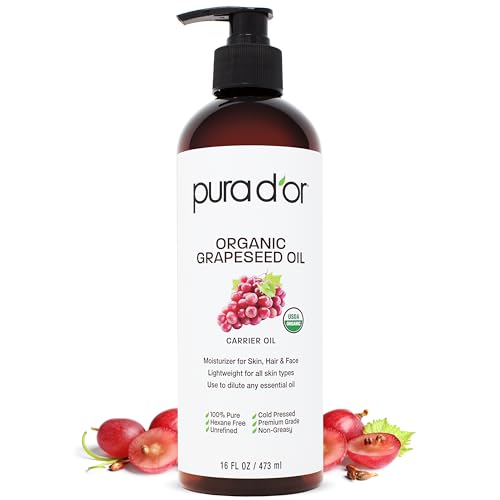 PURA D'OR Organic Grapeseed Oil - Hydrating, Antioxidant-Rich, Non-Comedogenic - 16oz