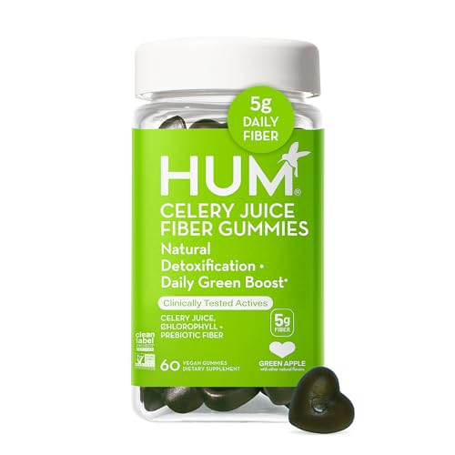 HUM Celery Juice Fiber Gummies - Supports Detox, Gut Health with Chlorophyll, 60 Vegan Gummies