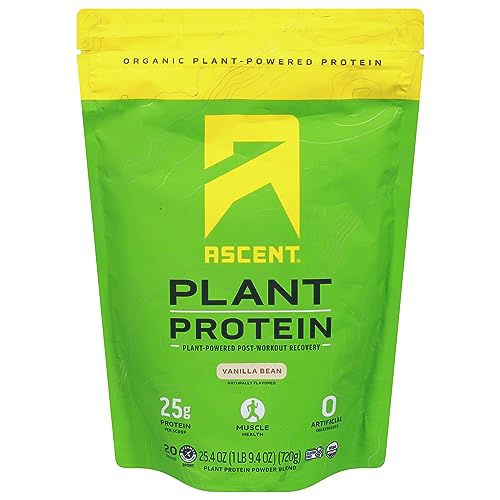 Ascent Plant Based Protein Powder - Vegan Recovery, 25g Protein, 4g BCAA, Vanilla - 20 Servings