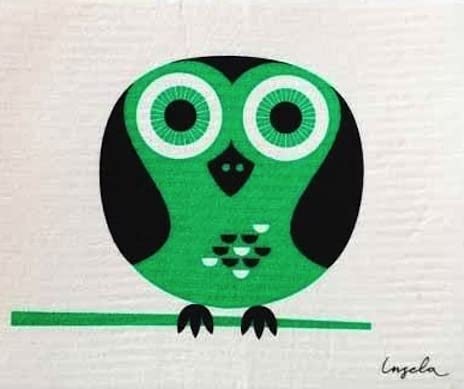 Trendy Tripper Swedish Dish Cloth - Compostable, Super Absorbent, Retro Green Owl Design - 6.75x8"