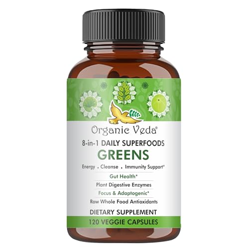 Organic Veda Super Greens Capsules - Daily Energy & Digestive Support, 24 Superfoods - 120 ct