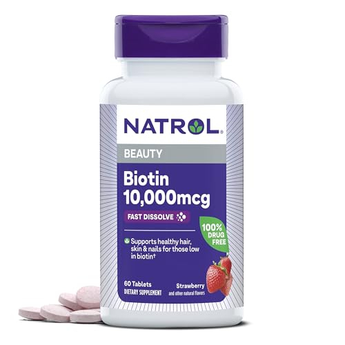 Natrol Beauty Biotin 10000mcg - Promotes Healthy Hair, Skin & Nails, Strawberry Flavor - 60 Tablets