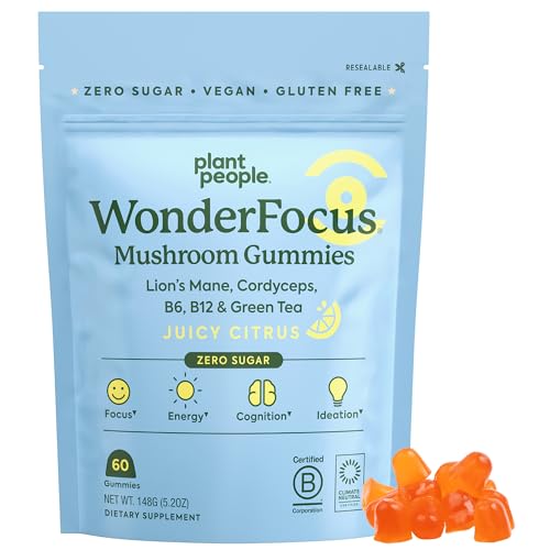 Plant People WonderFocus Mushroom Gummies - Boost Memory, Focus & Energy - 60 Citrus Gummies