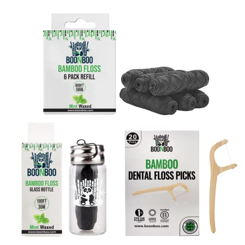 BOONBOO Dental Floss - Bamboo Charcoal & Vegan Wax, 800FT, Includes Refill & Picks