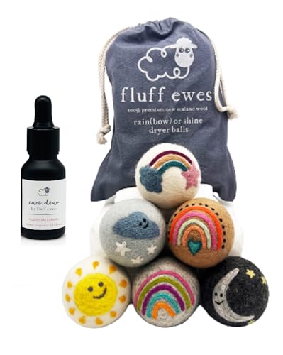 Fluff Ewes Wool Dryer Balls - Natural Fabric Softener, Hypoallergenic, 2 Pack Rainbow & Aroma Blend