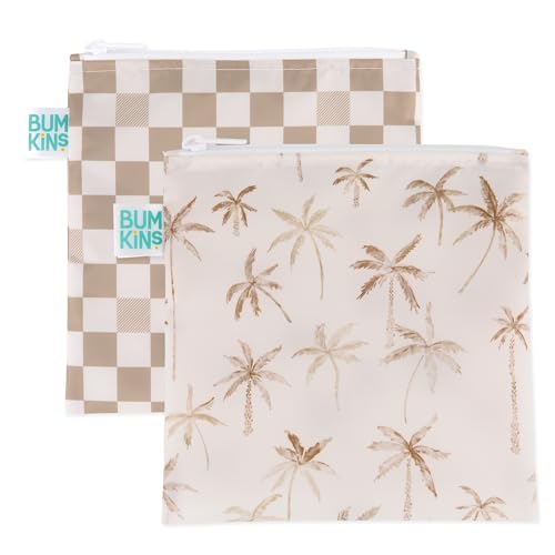 Bumkins Reusable Food Storage Bags - Washable, Waterproof, BPA-Free, Large 2-Pack Palm Trees