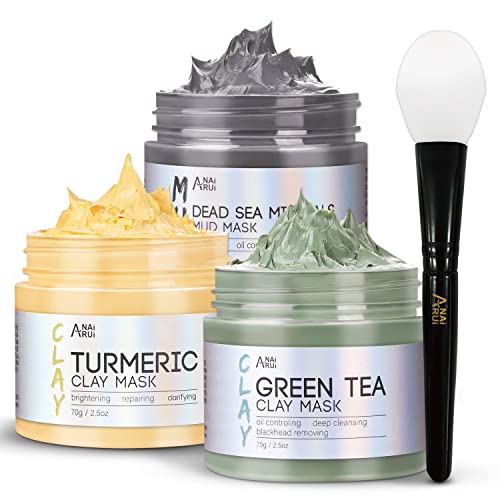 ANAI RUI Face Mask Set - Hydrating & Nourishing Turmeric, Green Tea, Dead Sea Masks - 2.5oz Each