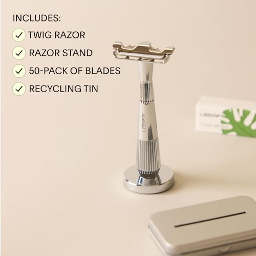 Leaf Shave Twig Razor Set - Precision Shaving, Blade Recycling Tin, All-Metal Design - Silver