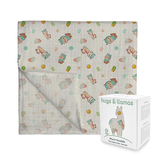 hugs & llamas Baby Swaddle - 100% Organic Cotton, Hypoallergenic, Extra Soft - 47” x 47”