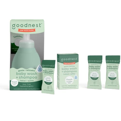 Goodnest Baby Bath Kit - Tear-Free, Hypoallergenic, Plant-Based Cucumber Wash & Refills - 12oz