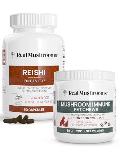 Real Mushrooms Reishi Capsules & Immune Chews - Relaxation, Longevity, Vegan - 90ct + 60ct