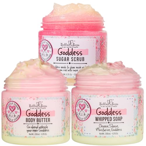 Goddess Bath & Body Gift Set - Exfoliating Scrub, Hydrating Butter, Vegan - 3-Piece Bundle
