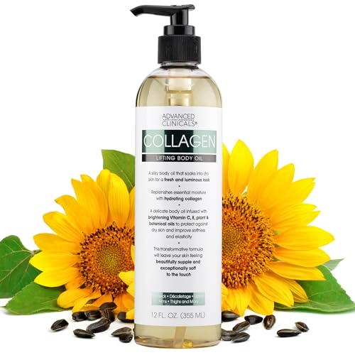 Advanced Clinicals Collagen Body Oil - Tightens & Hydrates Skin, Vitamins E & C - 12 Fl Oz