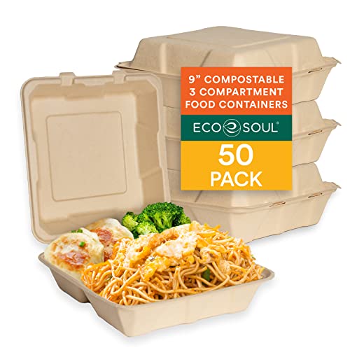 ECO SOUL Compostable Food Storage Containers - 3 Compartments, Heavy-Duty, 50-Pack, 9x9