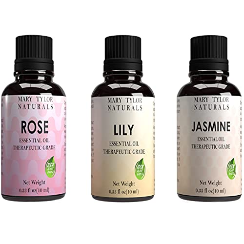 Mary Tylor Naturals Essential Oil Set - Therapeutic Grade Rose, Jasmine, Lily - 10ml Each