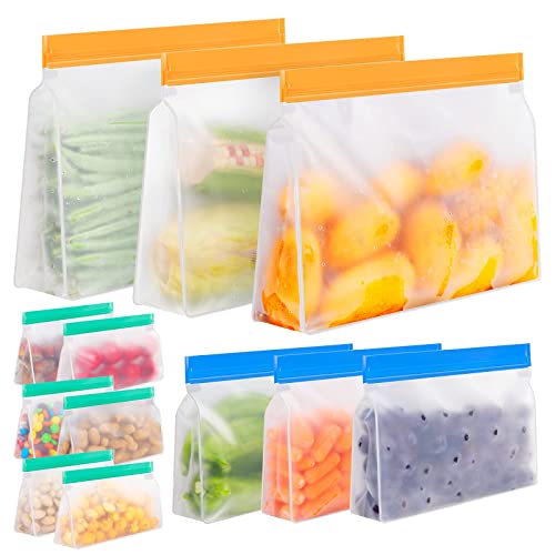 Reusable Food Storage Bags - Leakproof, Freezer Safe, BPA-Free, 12-Pack with 3 Sizes