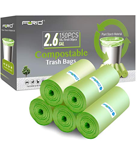 FORID Compostable Trash Bags - Strong, Odorless, 2.6 Gallon, 150 Count - Green, 5 Rolls