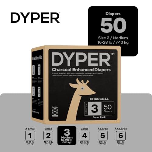 DYPER Charcoal Enhanced Diapers - Ultra Soft, Odor-Fighting, Hypoallergenic - 50 Count Size 3