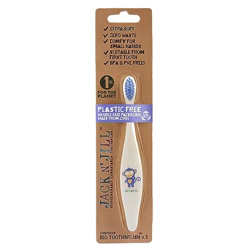 Jack N' Jill Kids Bio Toothbrush - Soft Nylon Bristles, Ergonomic Handle, for First Tooth - Monkey