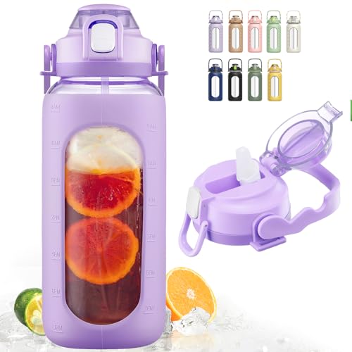 BLUEGO Glass Water Bottle - BPA-Free, Motivational Time Markers, Wide Mouth - 64oz Purple