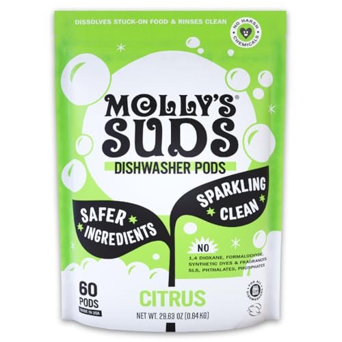 Molly's Suds Dishwasher Pods - Cuts Grease & Rinses Residue-Free, Plant-Powered - 60 Citrus Tabs