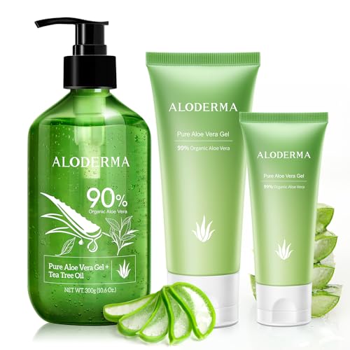 Aloderma Aloe Vera Gel Set - Deep Hydration, USDA Organic - 300g, 114g, 45g Travel Sizes