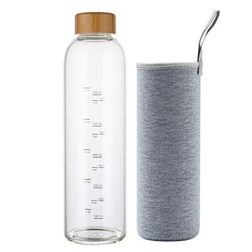 Sunkey 32oz Glass Water Bottle - Time Markers, Bamboo Lid, BPA-Free, Neoprene Sleeve